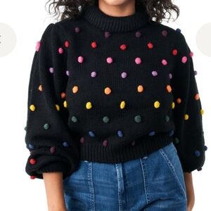Farm Rio Rainbow Polka Dots Pom Pom Sweater Black Size Small